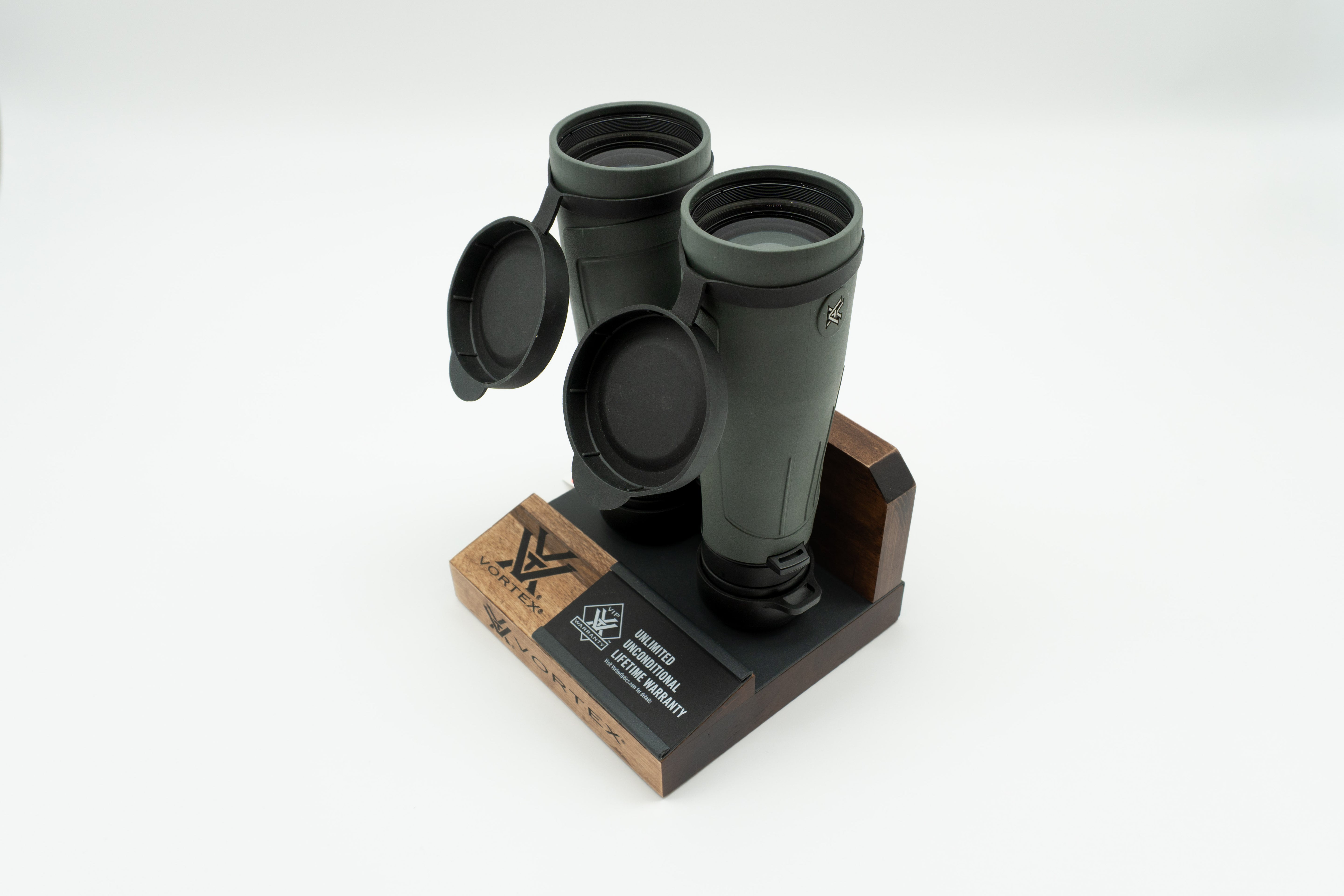 Pre-owned Vortex Kaibab HD 18x56 binoculars, objective side, three-quarter view on Vortex retail block - The Lookout, Prescott AZ