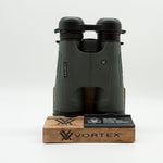 Pre-owned Vortex Kaibab HD 18x56 binoculars, objective side, three-quarter view on Vortex retail block - The Lookout, Prescott AZ