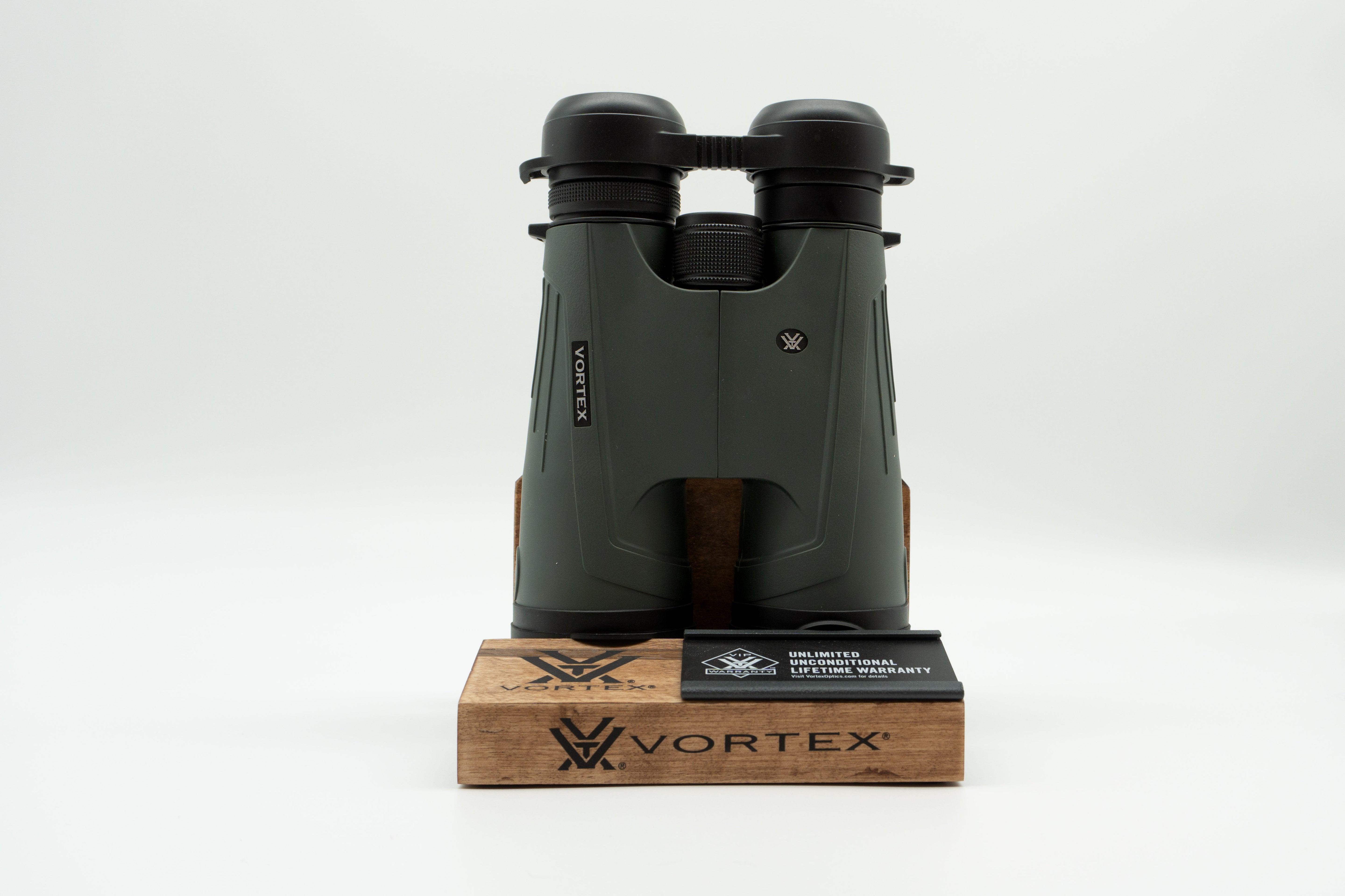 Pre-owned Vortex Kaibab HD 18x56 binoculars, objective side, three-quarter view on Vortex retail block - The Lookout, Prescott AZ
