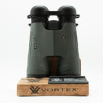 Pre-owned Vortex Kaibab HD 18x56 binoculars, objective side, three-quarter view on Vortex retail block - The Lookout, Prescott AZ