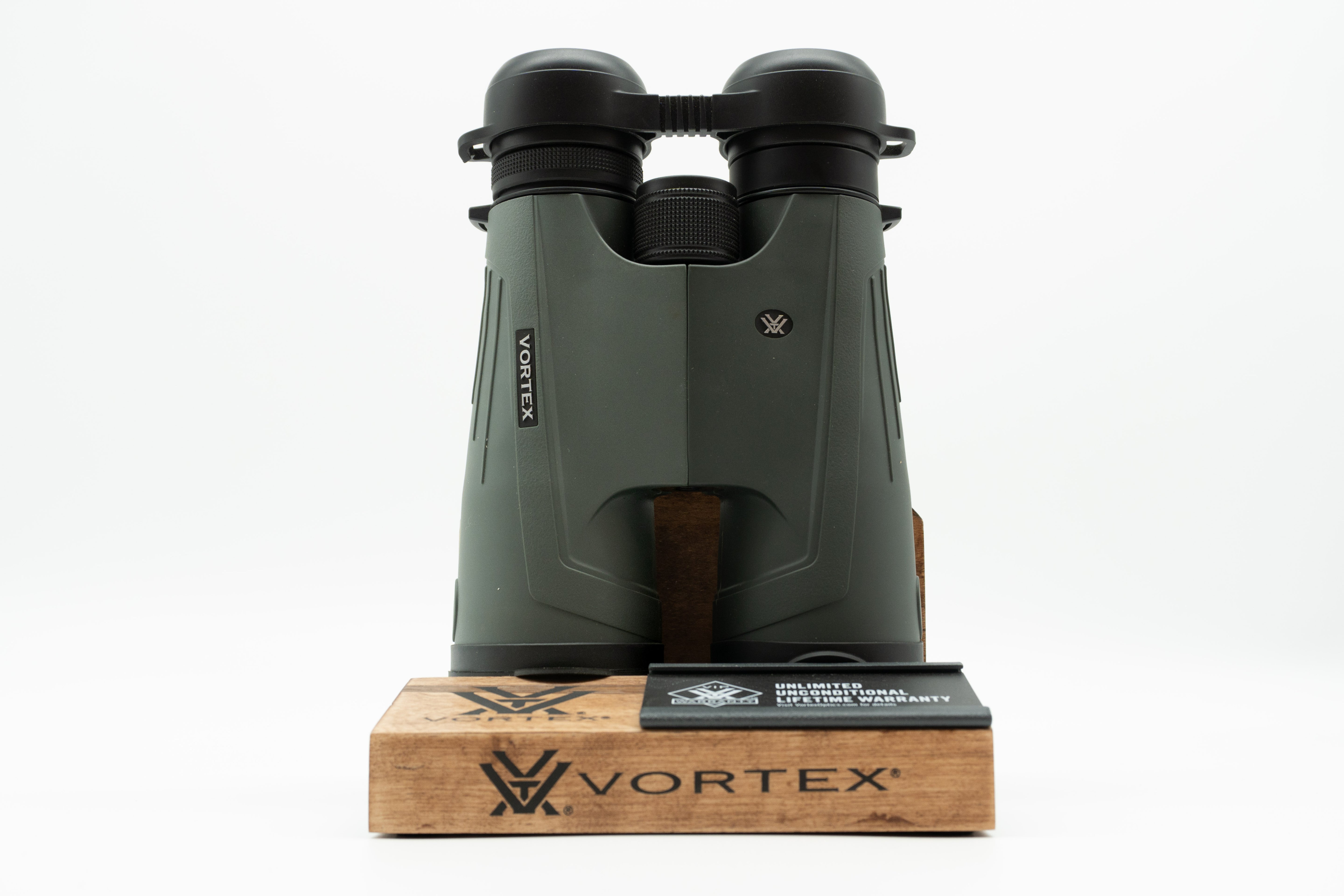Pre-owned Vortex Kaibab HD 18x56 binoculars, objective side, three-quarter view on Vortex retail block - The Lookout, Prescott AZ