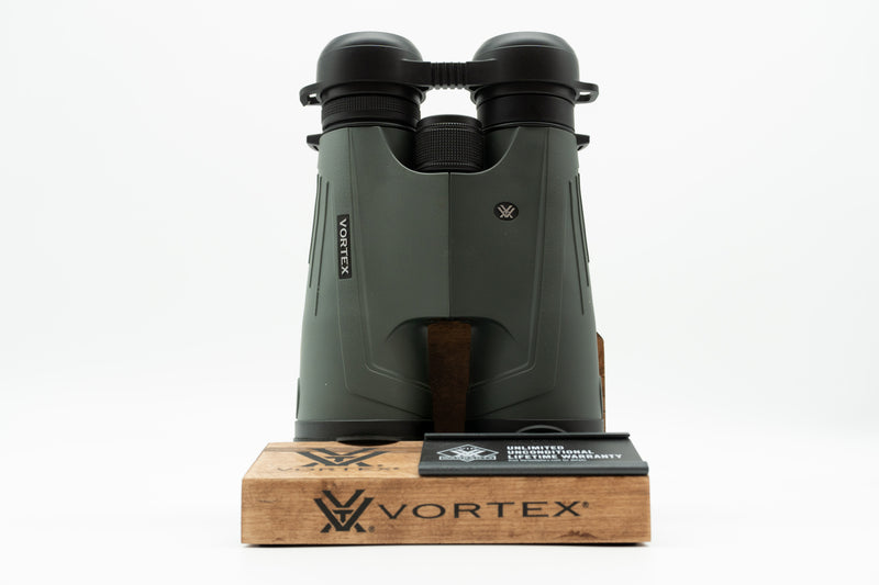 Pre-owned Vortex Kaibab HD 18x56 binoculars, objective side, three-quarter view on Vortex retail block - The Lookout, Prescott AZ