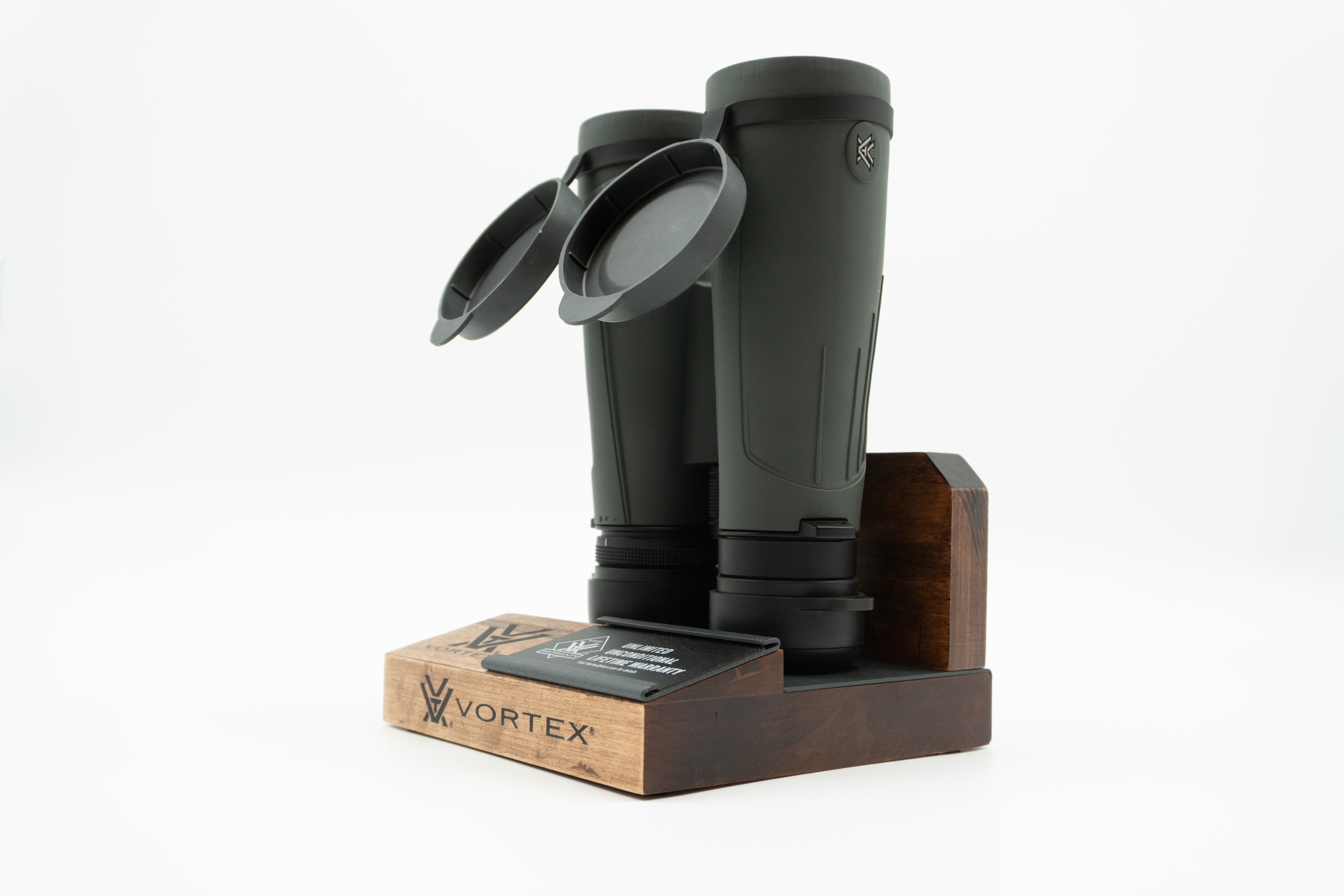 Pre-owned Vortex Kaibab HD 18x56 binoculars, objective side, three-quarter view on Vortex retail block - The Lookout, Prescott AZ