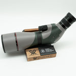 Pre-owned VORTEX Razor HD 20–60x85 Angled Spotting Scope, objective side, three-quarter view on Vortex retail block - The Lookout, Prescott AZ