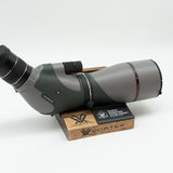 Pre-owned VORTEX Razor HD 20–60x85 Angled Spotting Scope, objective side, three-quarter view on Vortex retail block - The Lookout, Prescott AZ