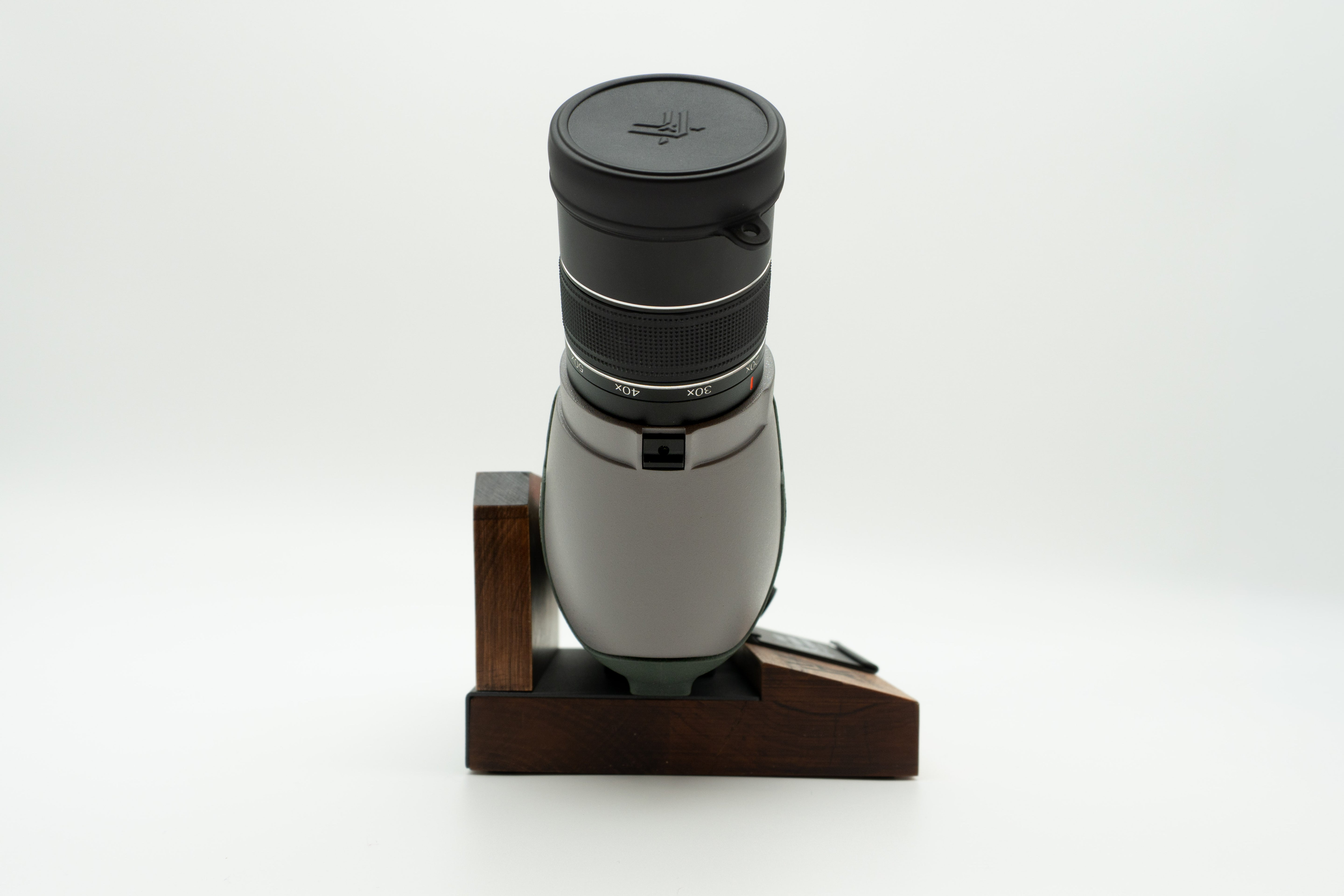 Pre-owned VORTEX Razor HD 20–60x85 Angled Spotting Scope, objective side, three-quarter view on Vortex retail block - The Lookout, Prescott AZ