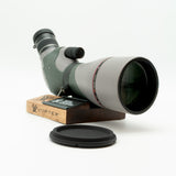 Pre-owned VORTEX Razor HD 20–60x85 Angled Spotting Scope, objective side, three-quarter view on Vortex retail block - The Lookout, Prescott AZ