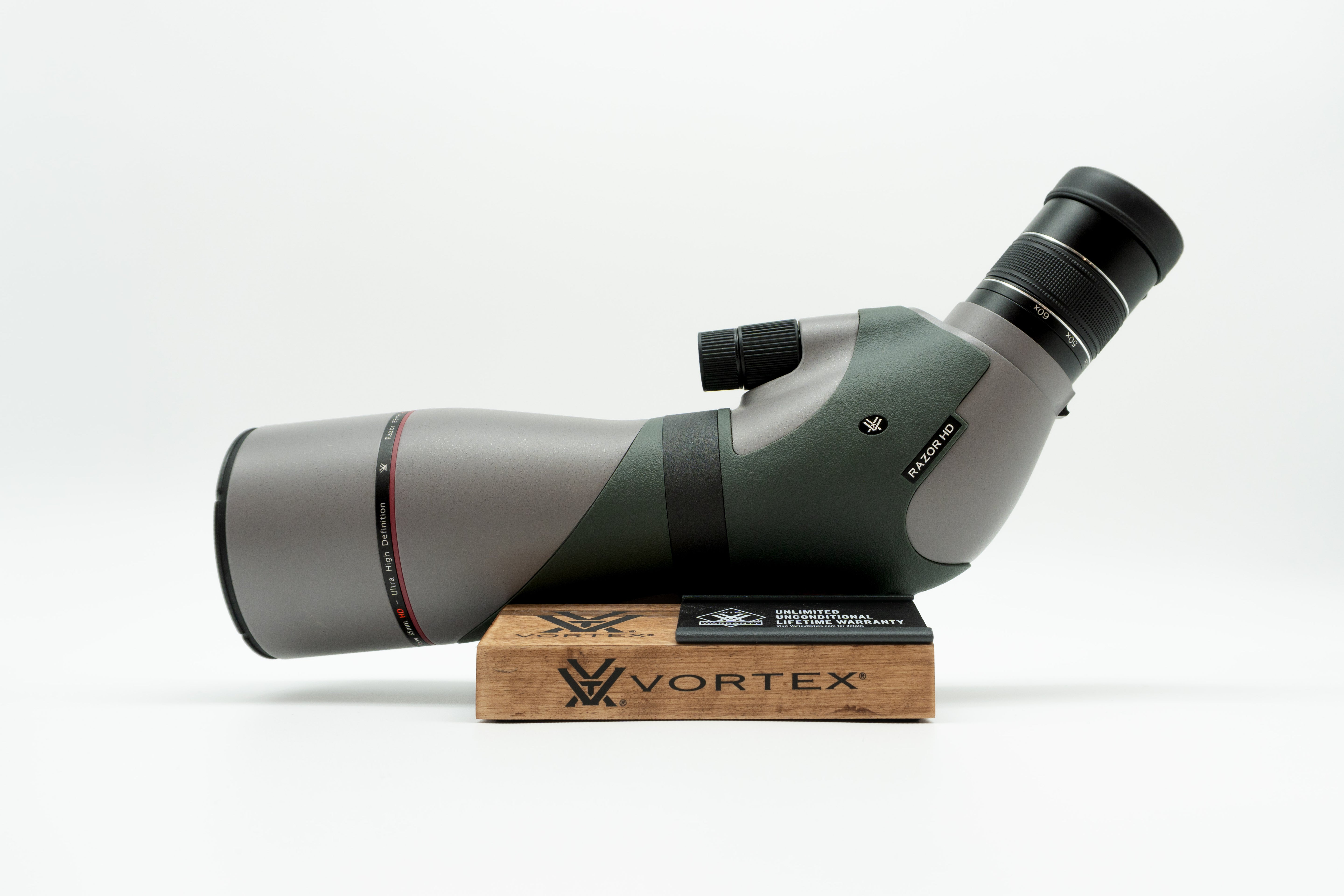 Pre-owned VORTEX Razor HD 20–60x85 Angled Spotting Scope, objective side, three-quarter view on Vortex retail block - The Lookout, Prescott AZ